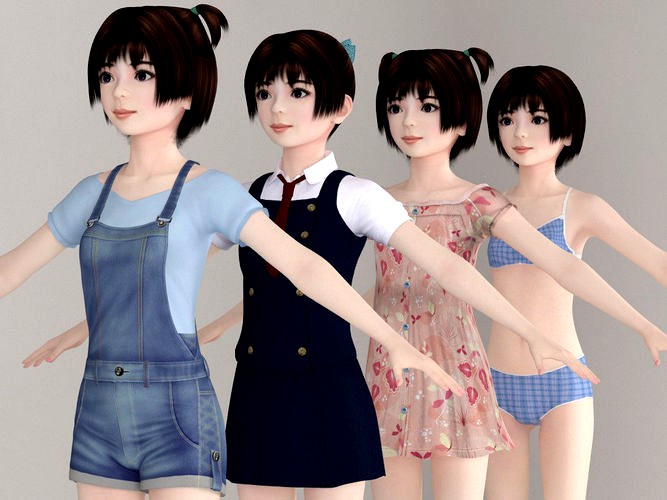 T pose nonrigged model of Eri with various outfit