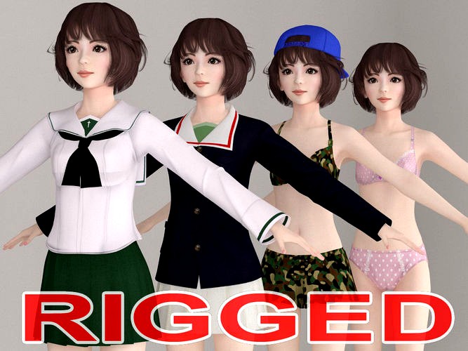 T pose rigged model of Yukari with various outfit