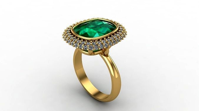 Cushion Emerald Engagement Pave Ring | 3D