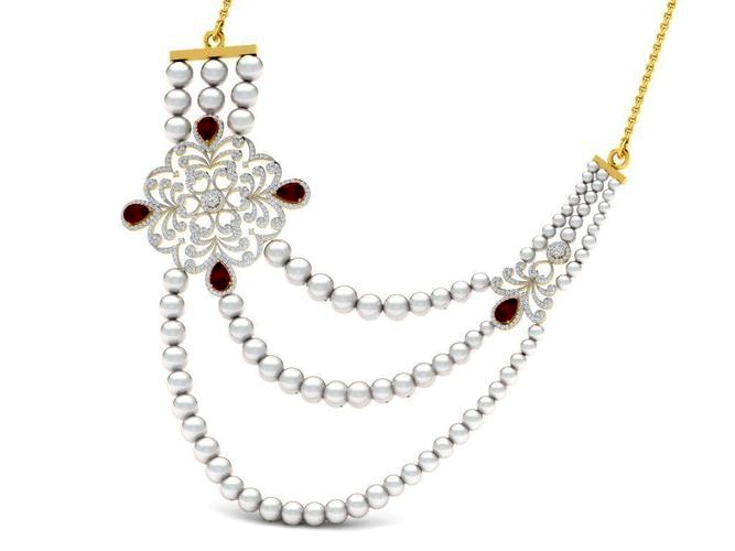 Silver Necklace With Pearls And Ruby | 3D