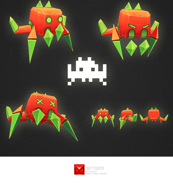 Low Poly Space Invader Alien 03