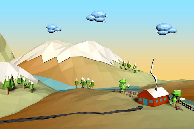 Cartoon Mountain House Landscape