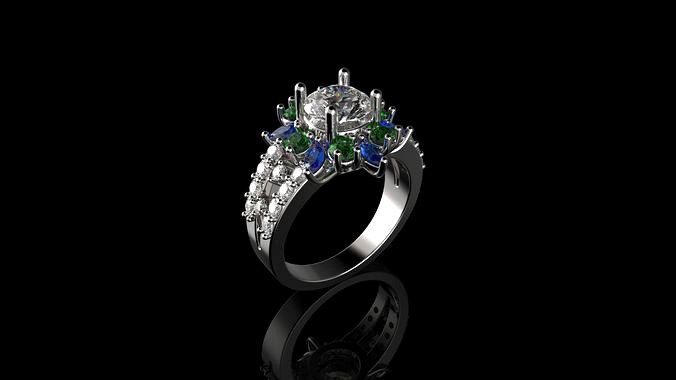 Multi Color Stone Diamond Ring | 3D