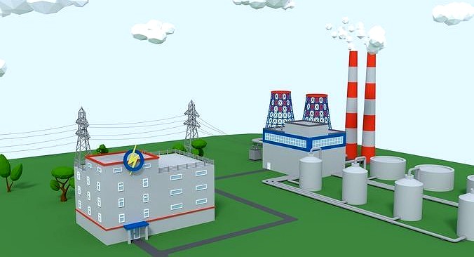 Cartoon Low Poly Thermal Power Plant