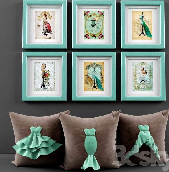 Decorative set of paintings and pillows