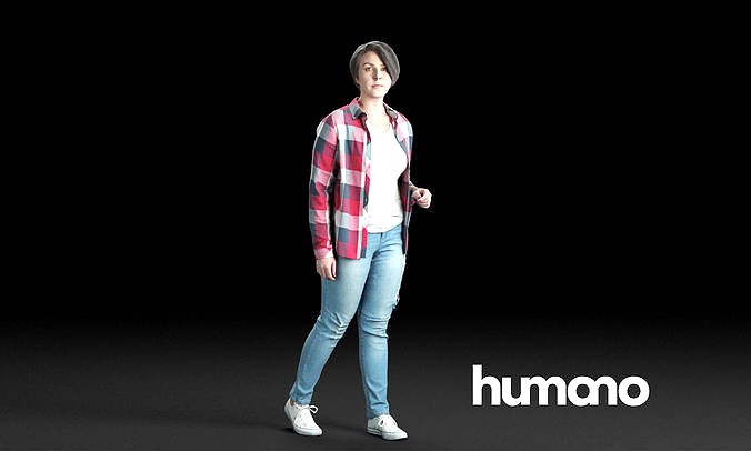 Humano Casual woman in checkered shirt  Walking and talking 0214