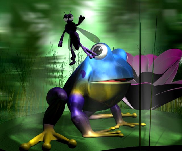 Cartoon scene with 2 frogs and a mosquito fully ri 3D Model