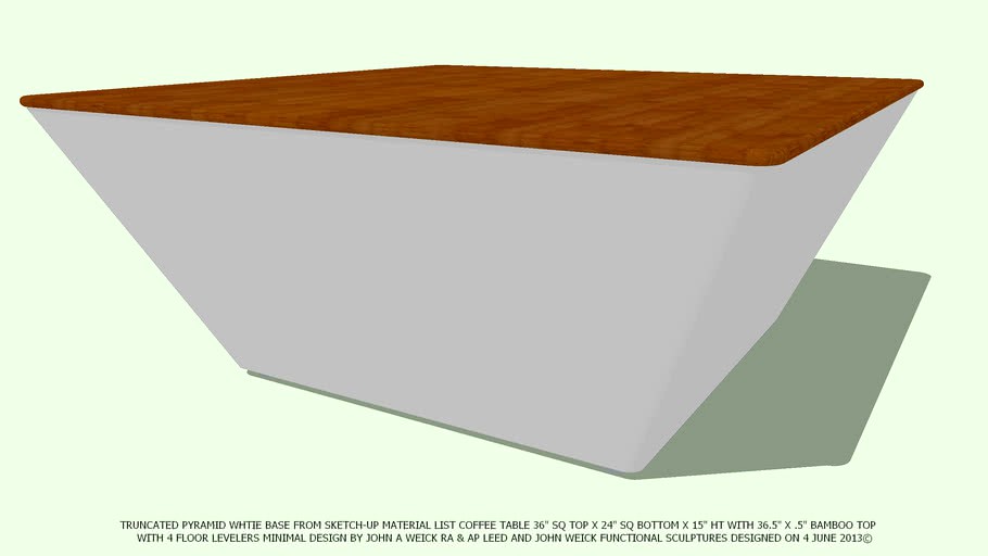 TABLE COFFEE 36.5 SQ X 15.5 HT WHITE BASE BAMBOO TOP BY JOHN A WEICK RA
