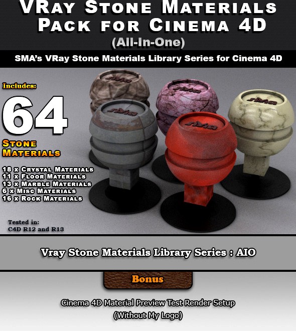 64 VRay Stone Materials Pack (AIO) for Cinema 4D