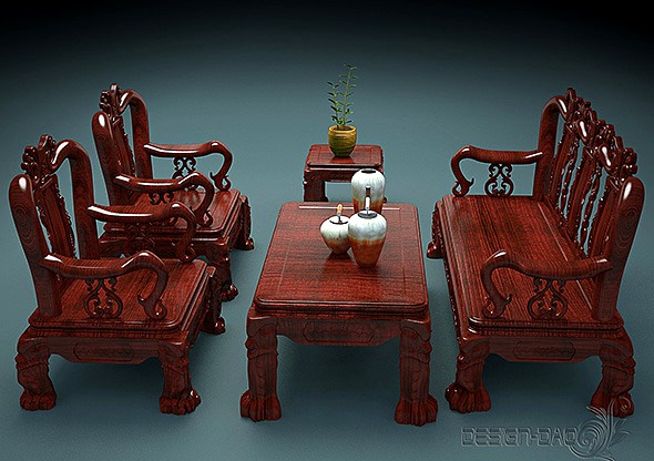 Set of carved wooden Table and Chairs