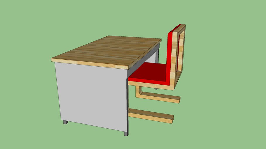 Desk With a Red Cushion Wood Held Hover Chair