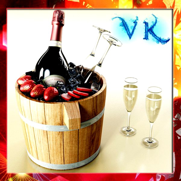 Champagne Set 2 - Bottle, Flute, Strawberry and Wooden Ice Bucket.3d model