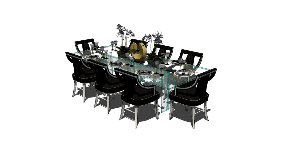 Glass table with eight black chairs