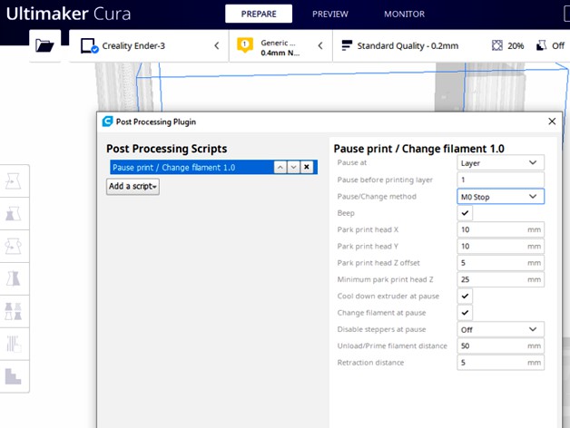 Pause Print / Change Filament 1.0 - Cura Plugin by Seltix