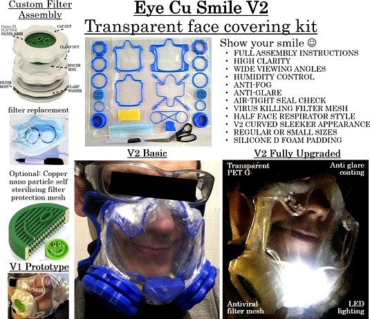 Eye Cu Smile V2 Transparent Face Covering Kit / Clear Mask NanoHack Copper3D Filter by FullPlasticScientist