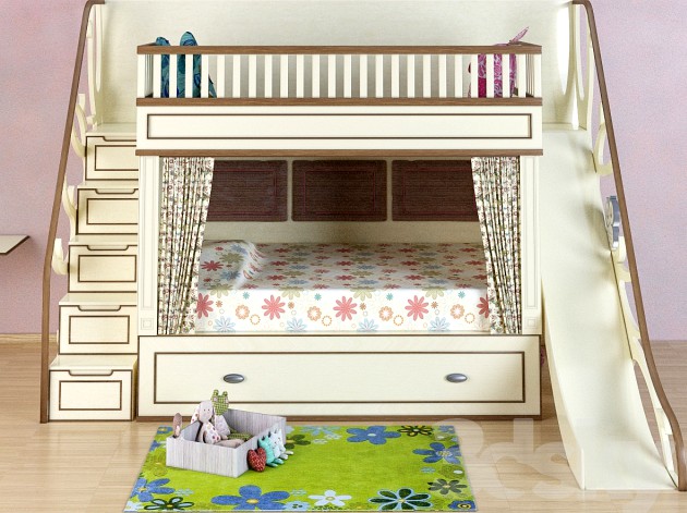 Baby bed with slide, and a built-in chest of drawers