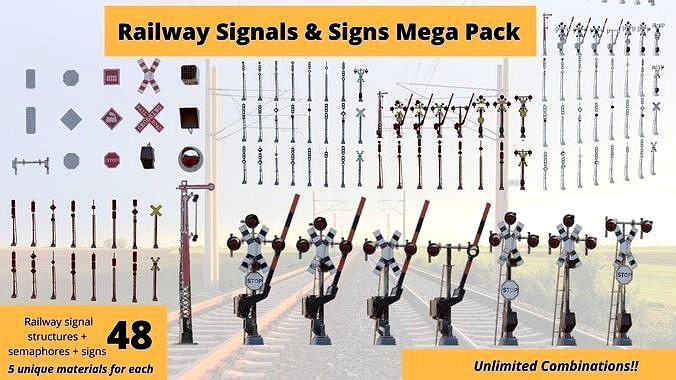 48 Pcs Railway Signals and Signs Mega Pack Low Poly VR Ready
