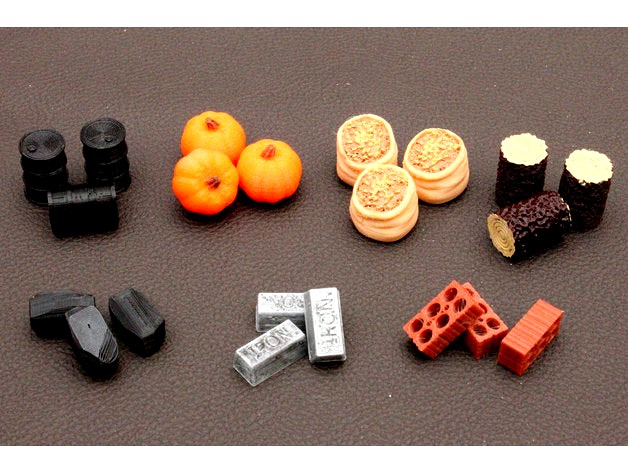 Board Game resources, Food-Grain, Pumpkin, Wood, Metal-Iron, Coal, Brick-Clay and Oil Tokens by Srifraf