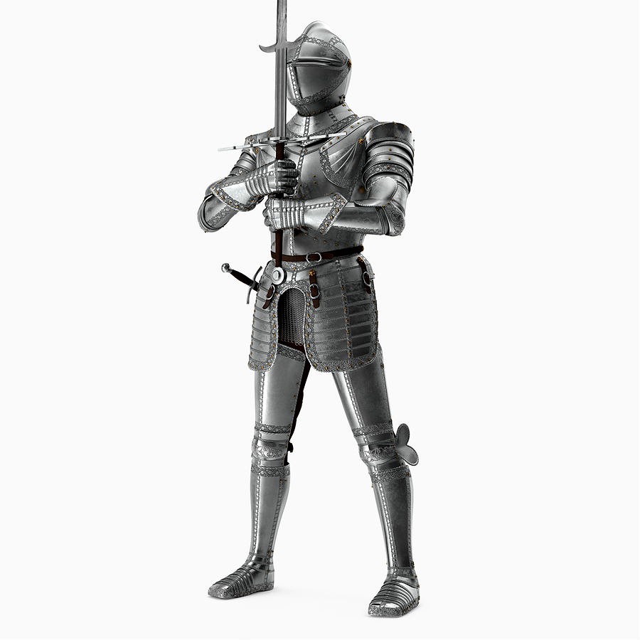 Polished Medieval Knight Plate Armor Holding Zweihander