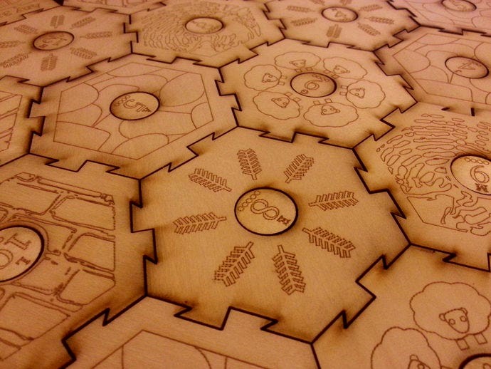 Settlers of Catan laser-cut interlocking tiles by danepowell