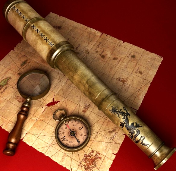 Telescope, Magnifying Glass, Compass