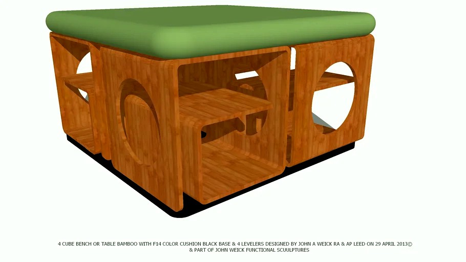 BENCH 4 BAMBOO 16 SQ CUBES & F14 GREEN CUSHION COLOR BY JOHN A WEICK RA