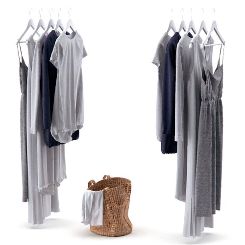 Clothes on hangers and a laundry basket with linens