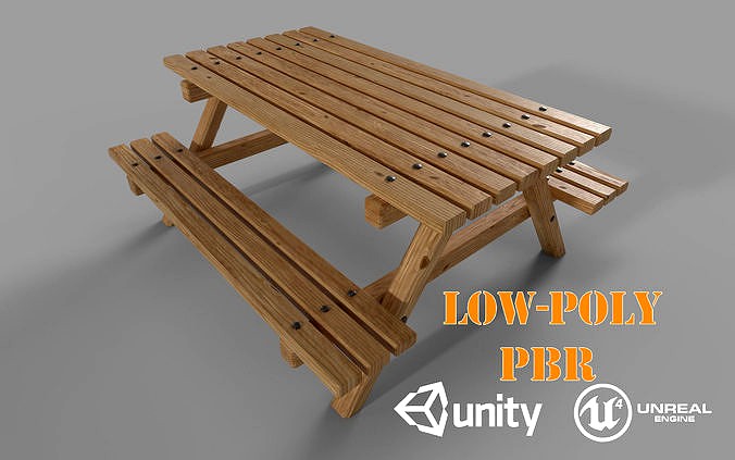 Wooden Picnic Table Low-Poly PBR Game Ready 3D Model