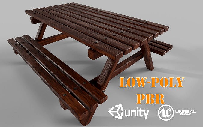 Wooden Picnic Table Low-Poly PBR Game Ready 3D Model