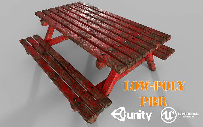 Red Old Wooden Picnic Table Low-Poly PBR Game Ready 3D Model