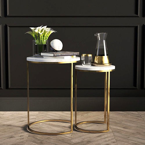 Round Nesting Side Tables Set - Marble Antique Brass