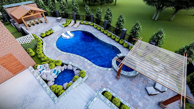 luxury Backyard swimming pool landscape 3d model