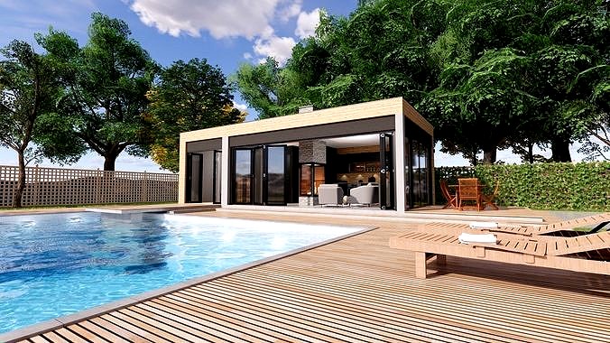 modern pool house with fireplace 3d model