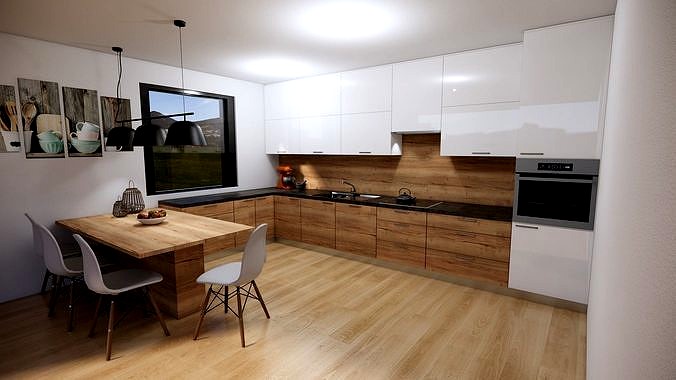 kitchen oak and black marble decor