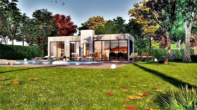 modern pool house with fireplace 3d model