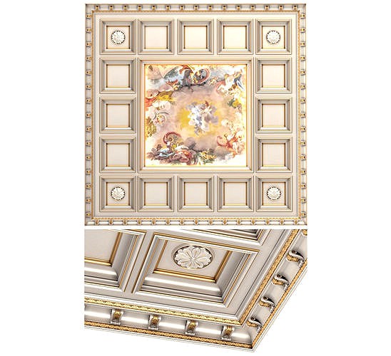 Classical Coffers ceiling tile with a fresco