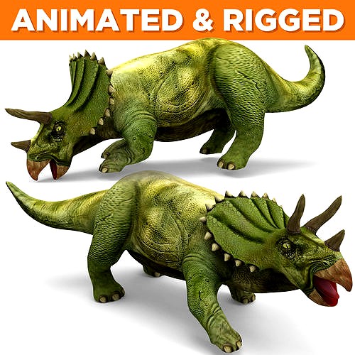 Green Triceratops dinosaur Rigged  Animated 3D Model
