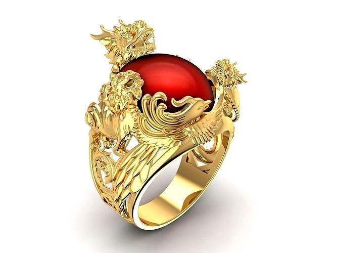 Asian 4 Spirit Animal Dragon Phoenix Unicorn  Turtle Ring 1921 | 3D
