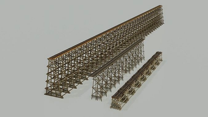 Three models 3D Wood trestle bridge and rail tracks