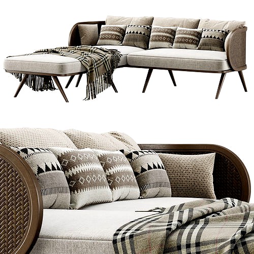 Victoria wooden rattan sofa VA30 with chaise lounge
