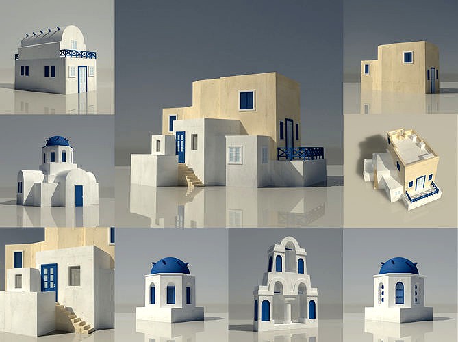Santorini Blue and White Greek 3D Buildings x 7 Models