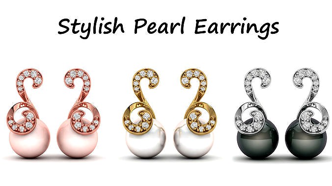 Stylish Pearl Diamond Earrings | 3D