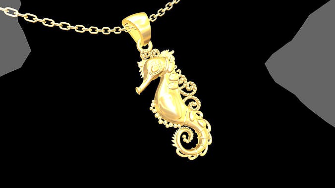 Seahorse Sculpture pendant jewelry gold necklace | 3D