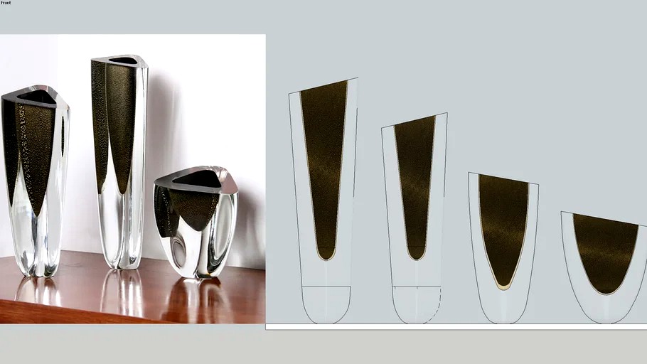 Conjunto de Vasos Triangulares Preto com Ouro - Murano Cristais Cadoro