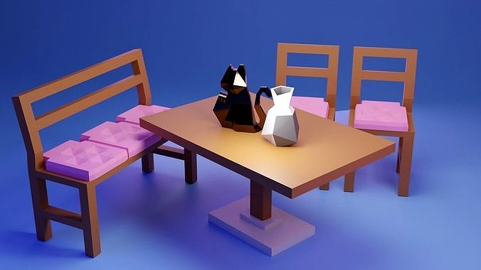 Low poly patio set with cat statue