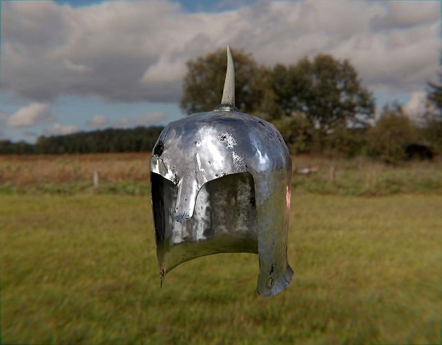 Medieval one horn damaged knight helmet