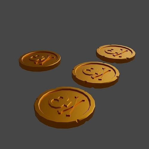 Golden Coins Set with Pirate Sign as Skull and Bones