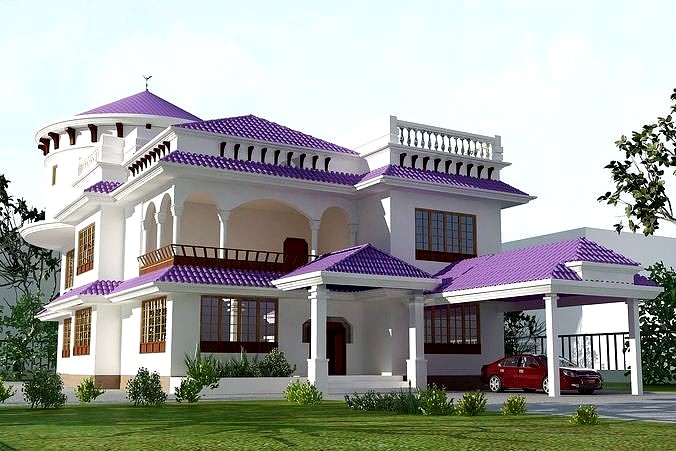 Modern Villa Exterior with purple roof bricks