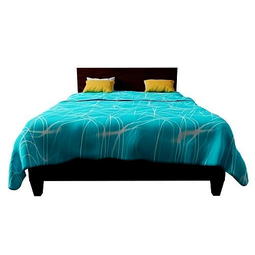 SIMPLE WOODEN BED WITH BLUE BEDSHEET