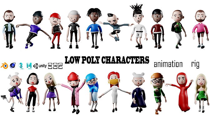 Low poly cartoon characters 1 01 pack 3d model